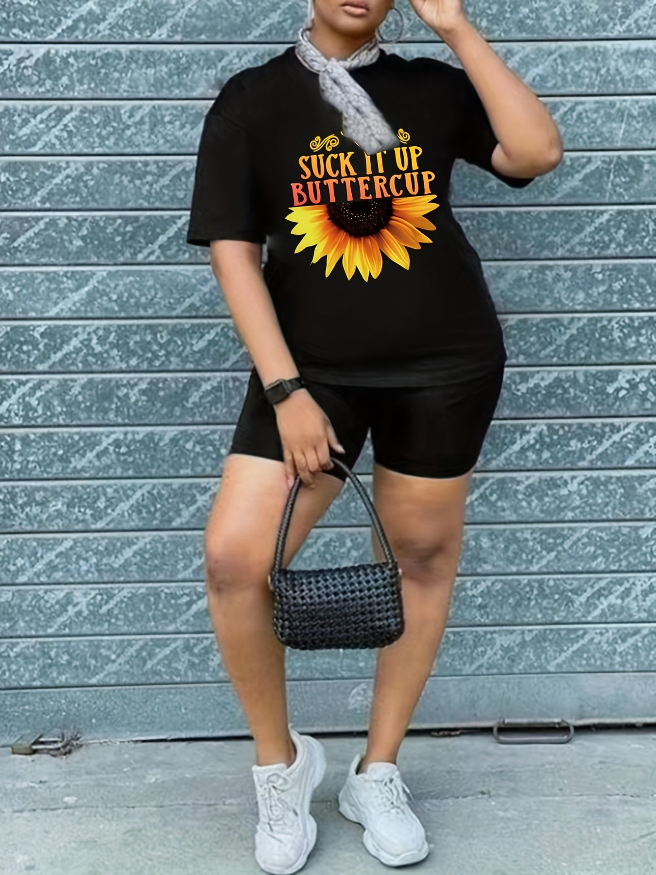  Letter & Sunflower Print Tee & Biker Shorts 2 Piece Set