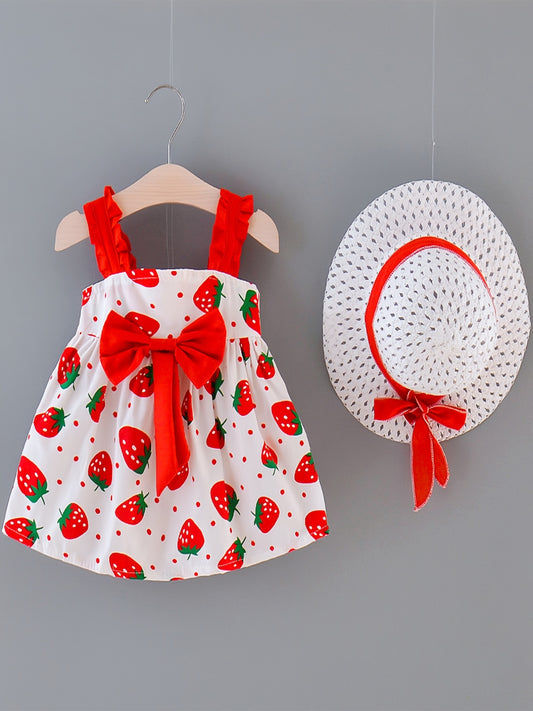 Baby Girls Strawberry Print Beach Dress with Hat