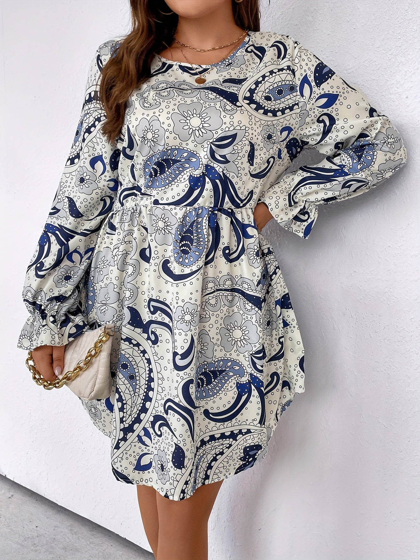 Paisley Floral Print Flounce Sleeve Round Neck Mini Dress
