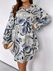 Paisley Floral Print Flounce Sleeve Round Neck Mini Dress