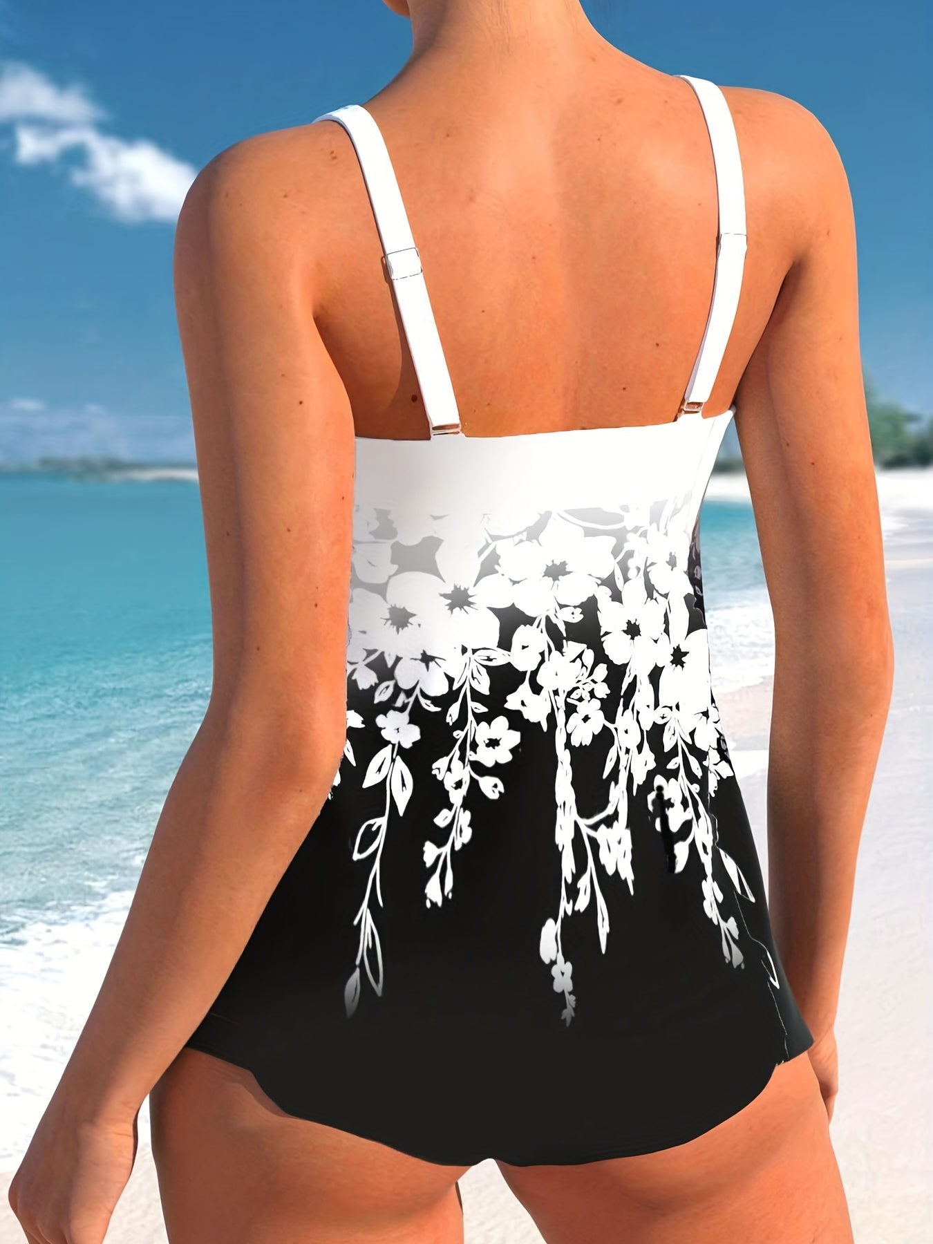  Ombre Floral Print Lace Up Tankini Set