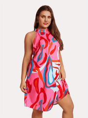  Casual Dress Women's Plus Random Print Halter Neck Keyhole Back Dress