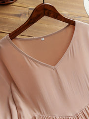 Plus Size Solid Short Sleeve V Neck Ruched Dress