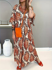 Floral Print Backless Half Sleeve V Neck Maxi Dress