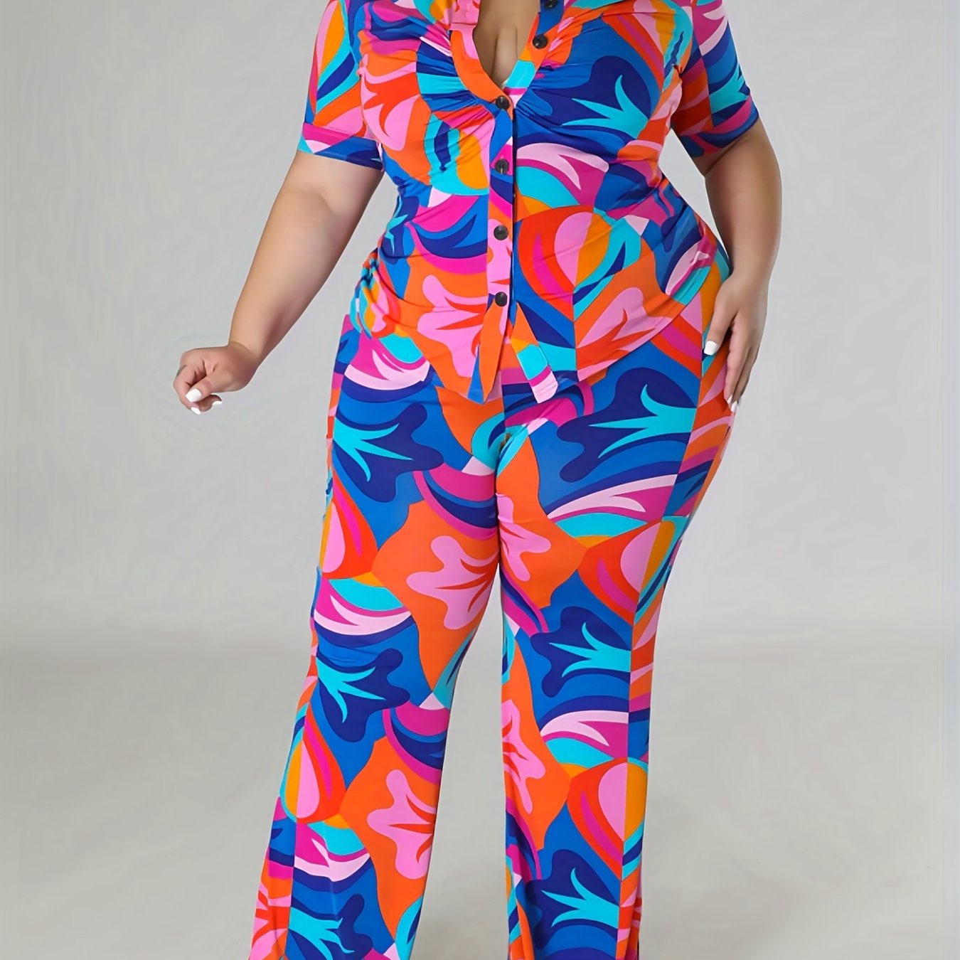  Tropical Print Blouse & Wide Leg Pants Set
