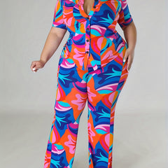  Tropical Print Blouse & Wide Leg Pants Set