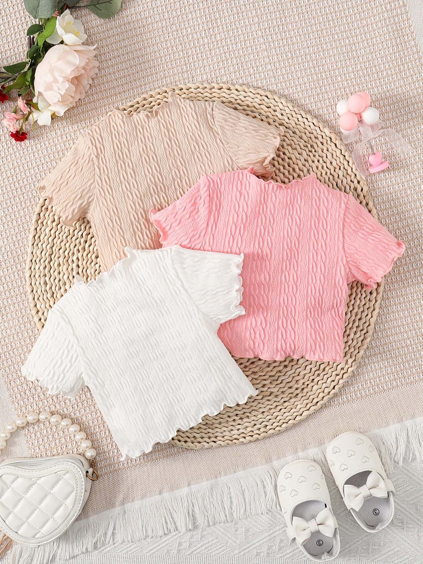 Baby Girl's Ruffle Trim All-match T-shirt 3pcs Crew Neck Tops