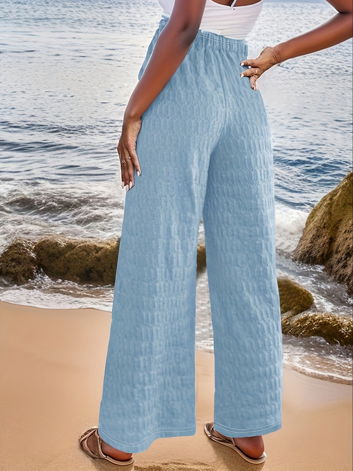  Textured Wide Leg Trousers with Pockets