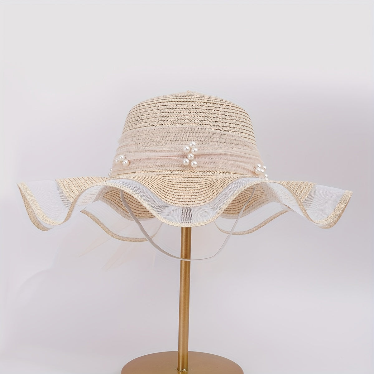 Lace Sun Hat Ribbon Bowknot Faux Pearl Straw Hat