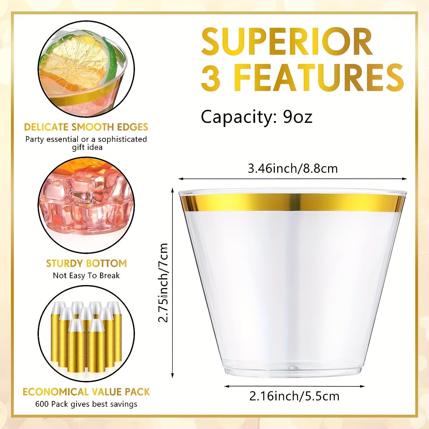 30pcs Clear Plastic Cups With Golden Rim 9oz