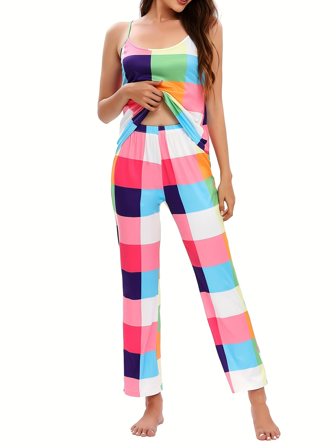 Plaid Lounge Set Crew Neck Cami Top & Pants Women's Loungewear