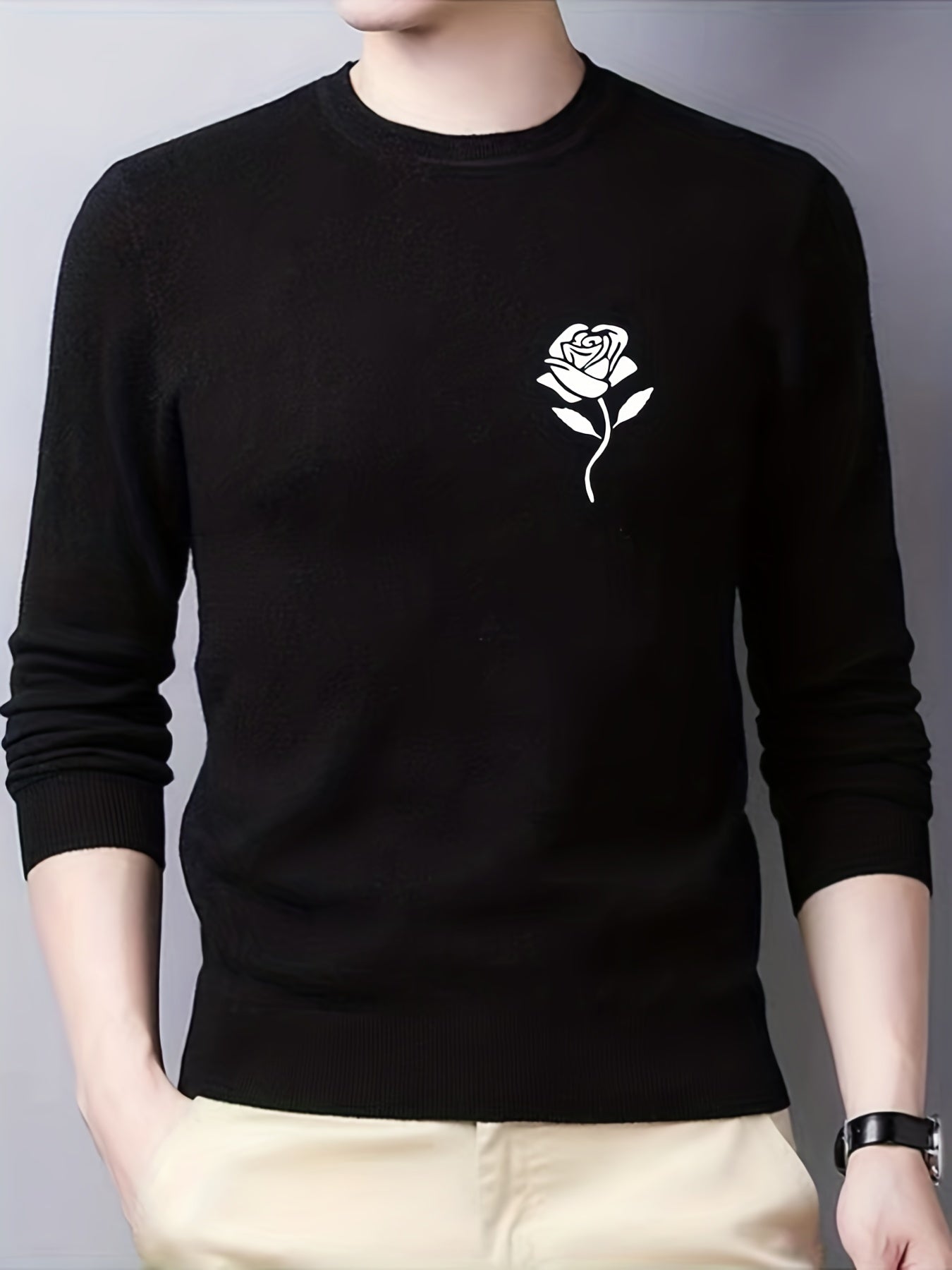 Rose Print Knitted Sweater Men's Warm Crew Neck Pullover