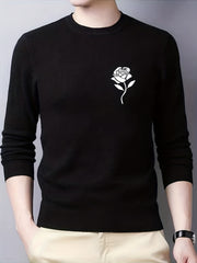 Rose Print Knitted Sweater Men's Warm Crew Neck Pullover