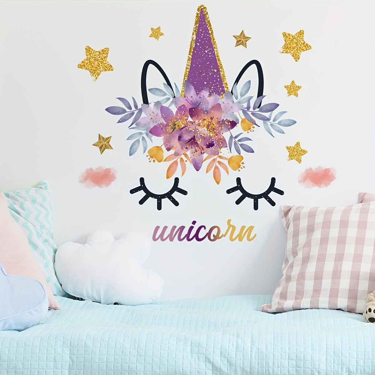 Unicorn Eyelashes Golden Stars Wall Sticker Backdrop Living Room Decor