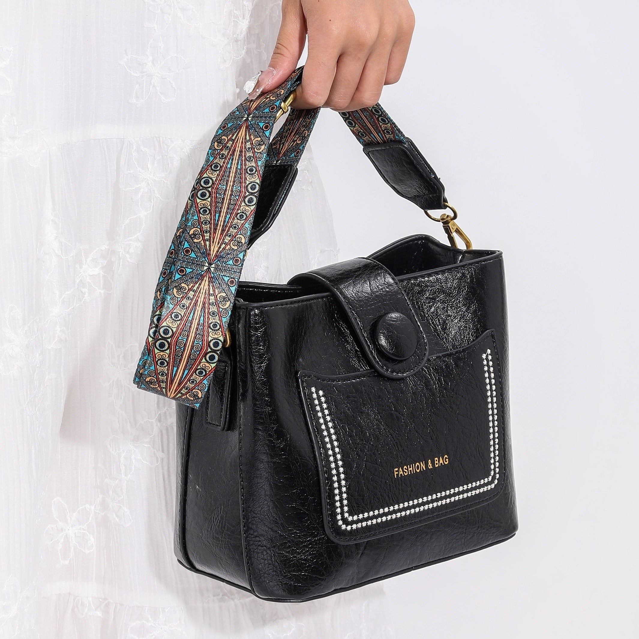 Retro Style Wax Leather Crossbody Bag Wide Strap Shoulder Purse