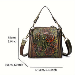 Vintage Floral Hand Painted Women's Shoulder Bag Cowhide Leather Urban Style