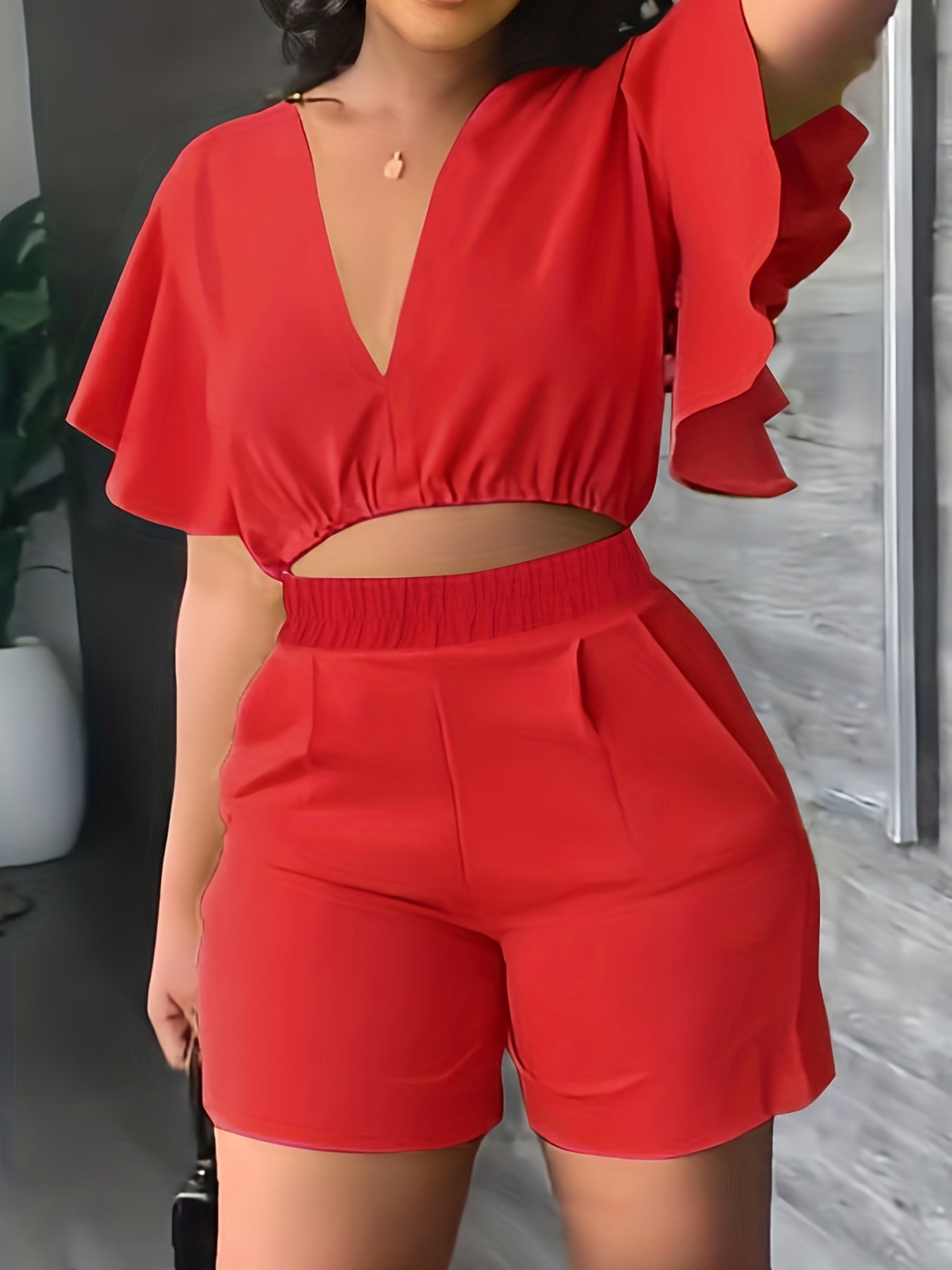  Solid Flutter Sleeve V Neck Crop Top & Shorts Set