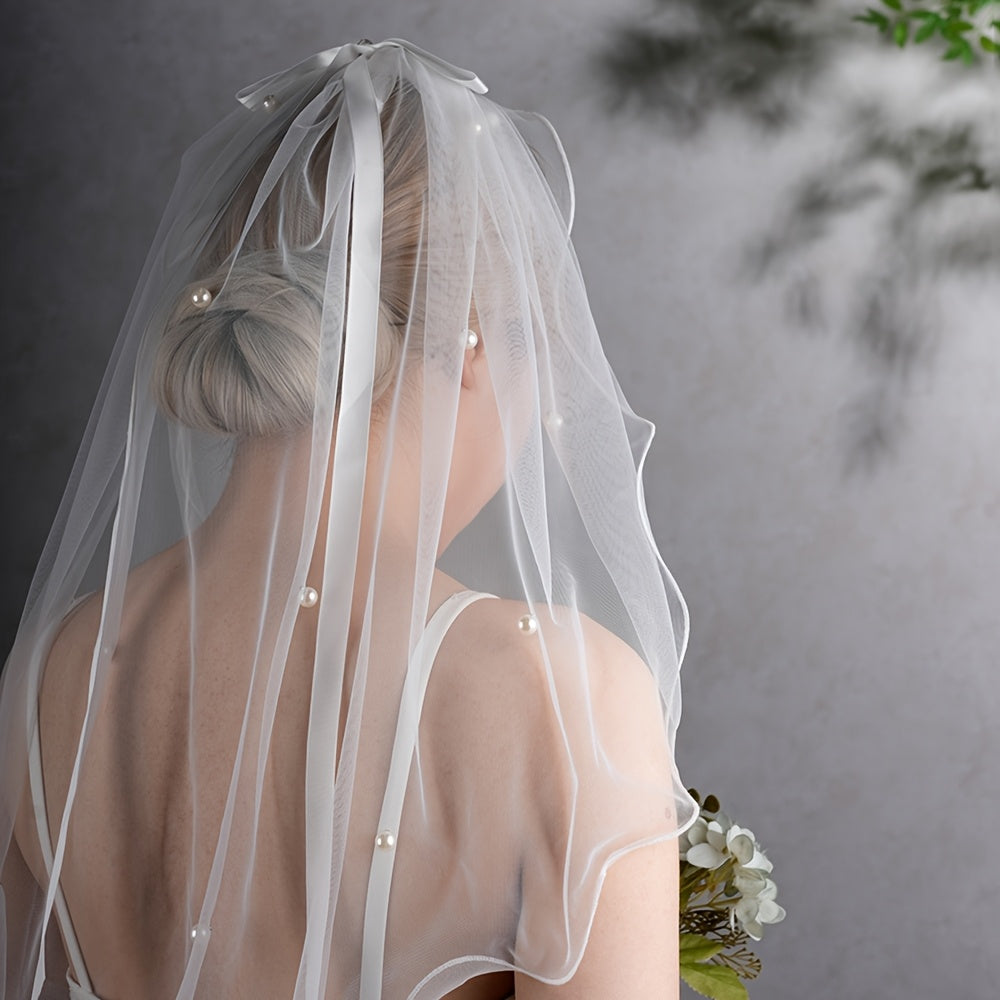 Pearl Bowknot Short Wedding Veil Soft Tulle Bridal Accessory