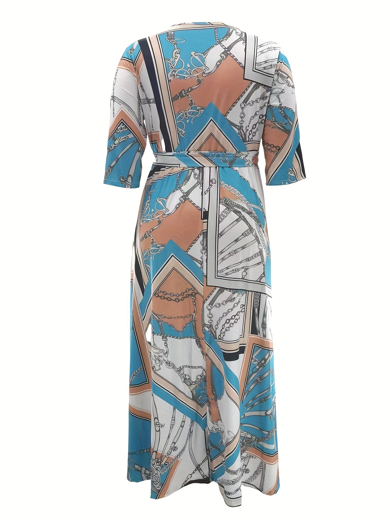 Geometric Print Half Sleeve Maxi Dress With Belt