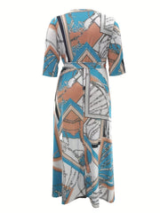 Geometric Print Half Sleeve Maxi Dress With Belt