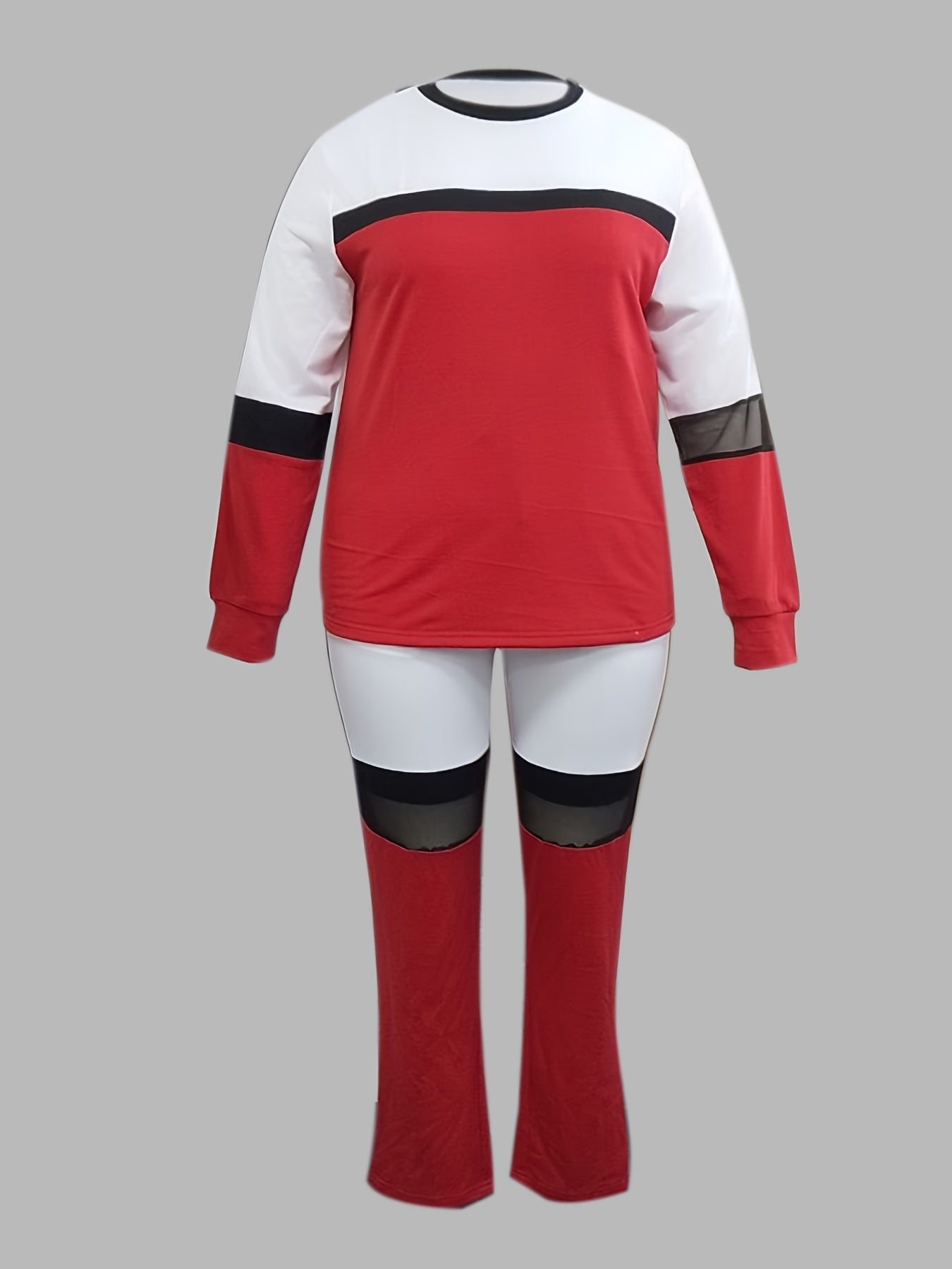  Colorblock Mesh Sweatshirt & Sweatpants Set Women's Plus 2pcs Set