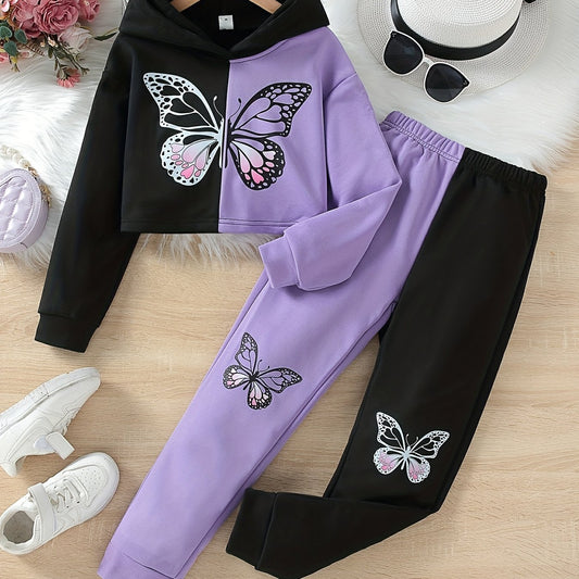 Girl's Butterfly Print Hoodie and Sweatpants Set