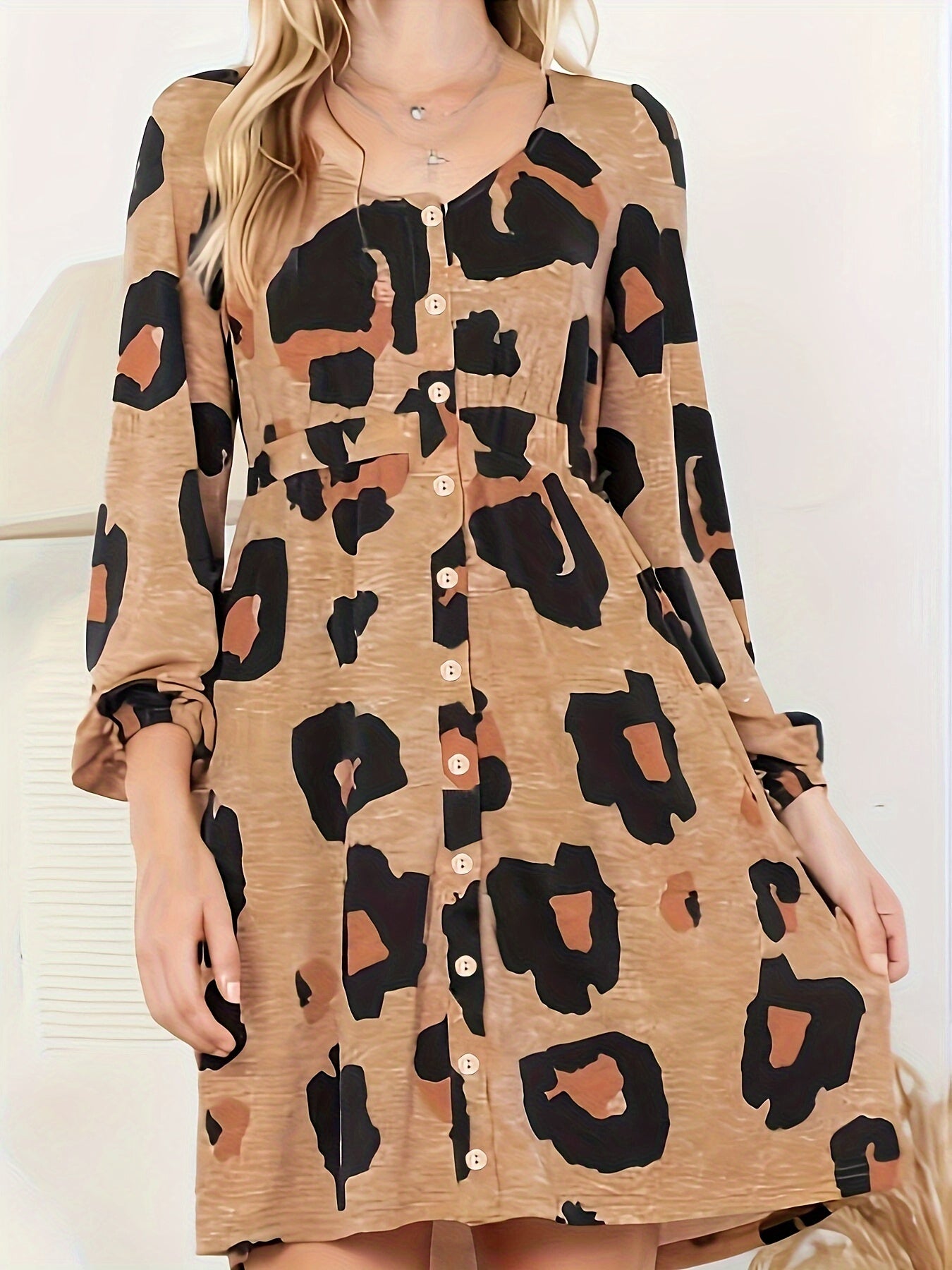 Leopard Print Button Decor Long Sleeve Plus Size Casual Dress