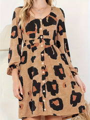 Leopard Print Button Decor Long Sleeve Plus Size Casual Dress