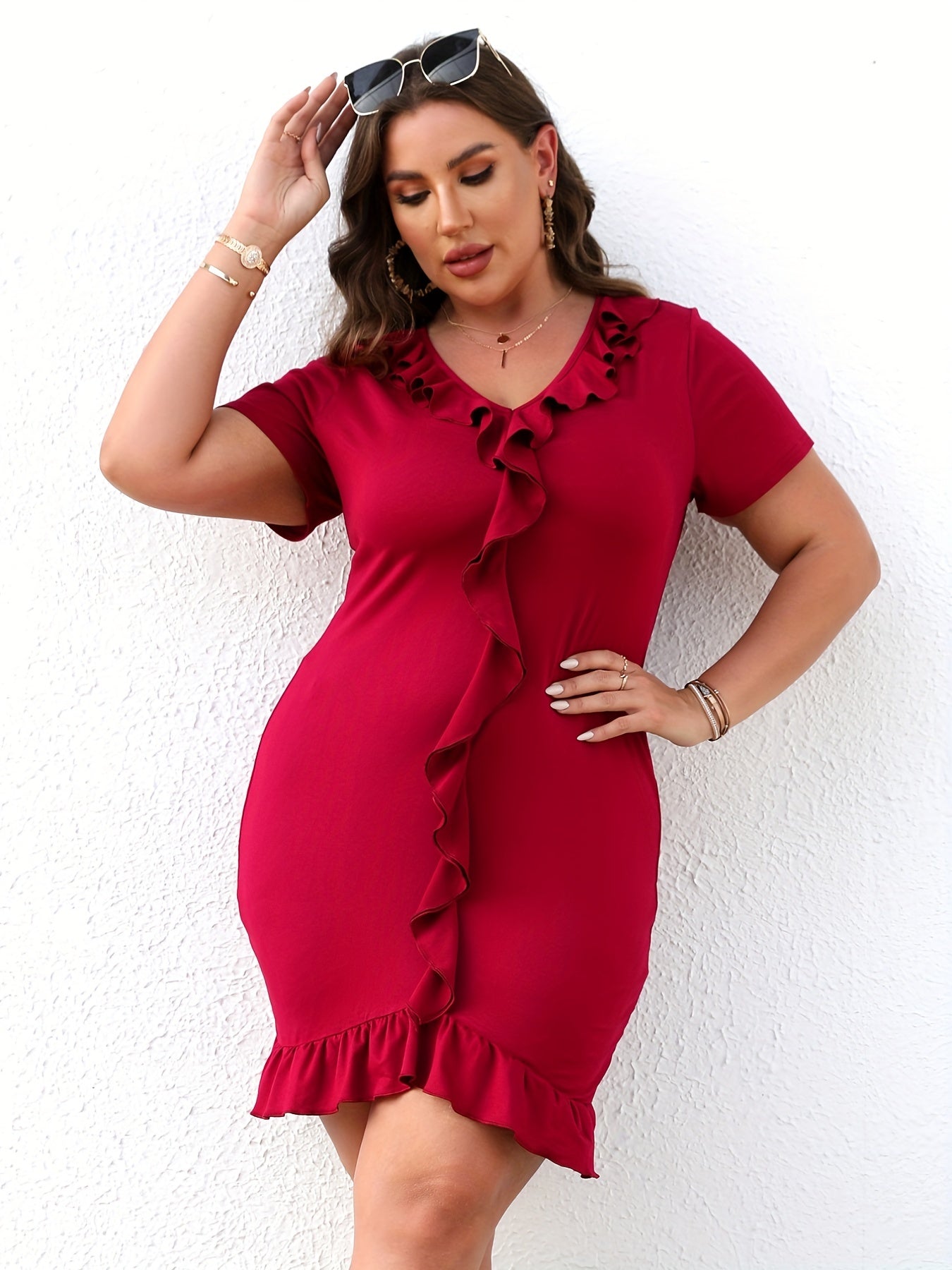  Solid Ruffle Trim V Neck Bodycon Midi Dress