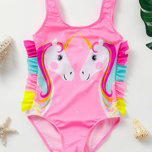 Girls Pink Unicorn One Piece Swimsuit Ruffles Patchwork Beach Bathing Suit