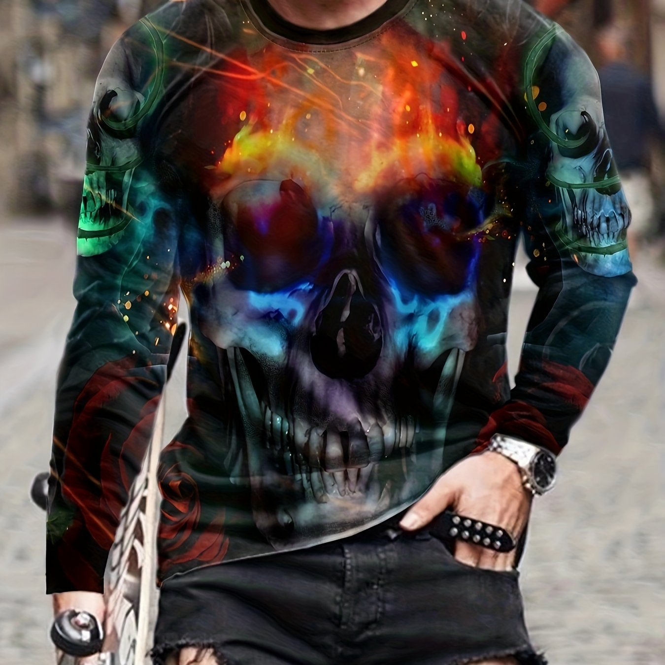 Colorful Skull 3D Print Men's Long Sleeve Novelty T shirt