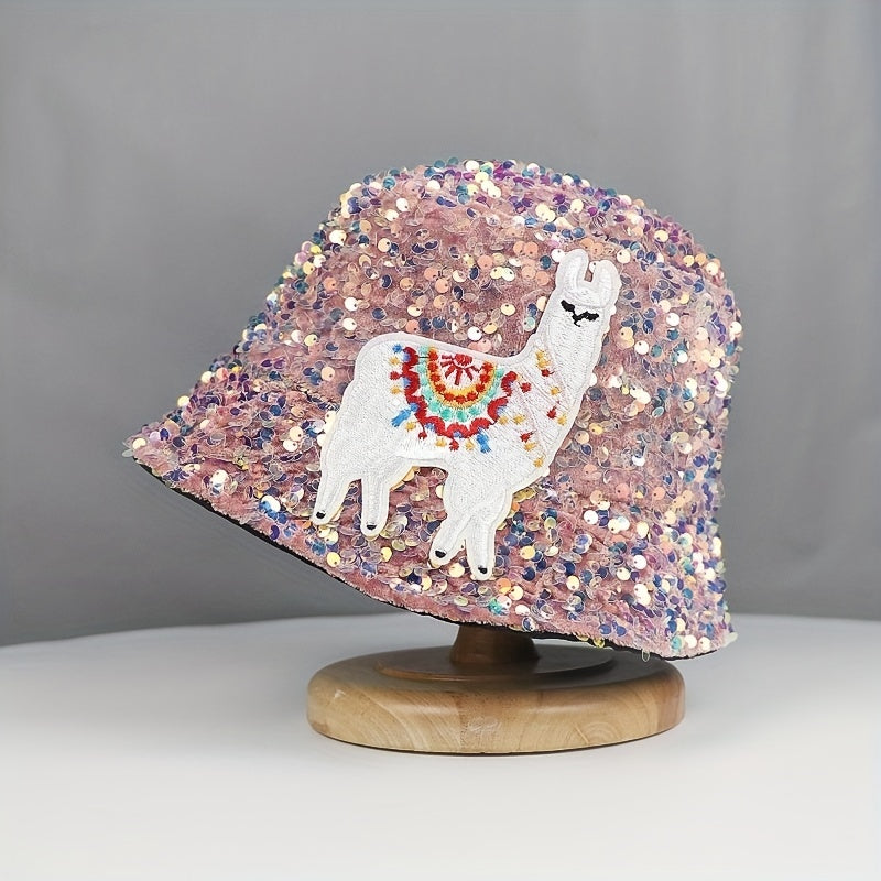 Alpaca Embroidery Sequin Bucket Hat Glitter Fisherman Cap