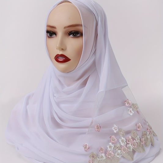 Chiffon Scarf Flower Embroidery Hijab Lightweight Shawl