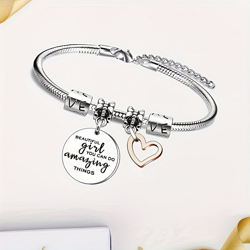 Love Heart Pendant Bangle Bracelet Stainless Steel Jewelry