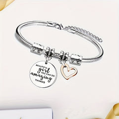 Love Heart Pendant Bangle Bracelet Stainless Steel Jewelry