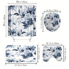 Floral Shower Curtain Set with Non Slip Floor Mat - 4pcs