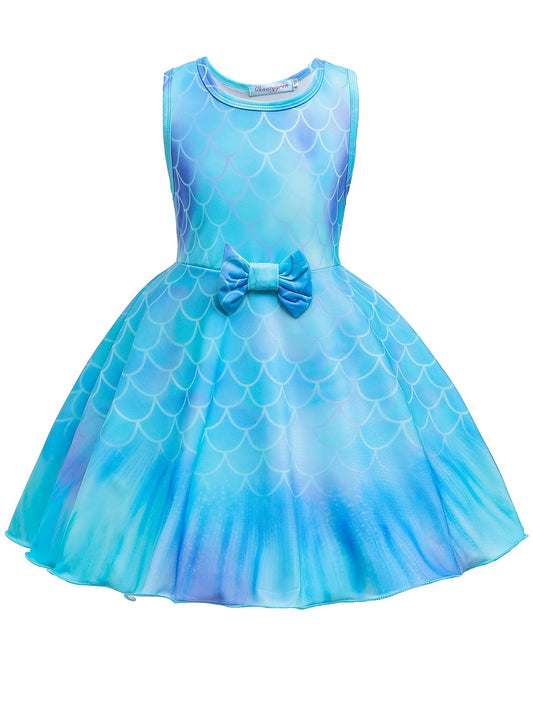 Girls Mermaid Print Sleeveless Dress Kids Summer Clothes