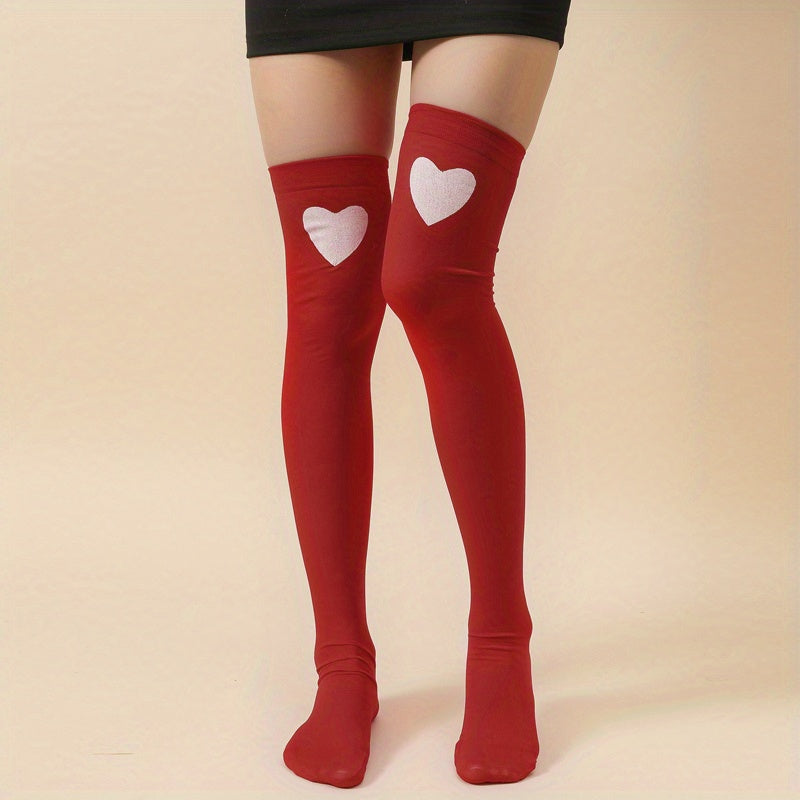 2 Pairs Heart Print Thigh High Socks Over The Knee Stockings