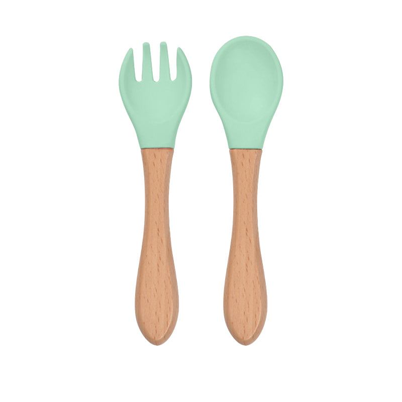 Silicone Spoon & Fork Set Mini Wooden Handle Utensils