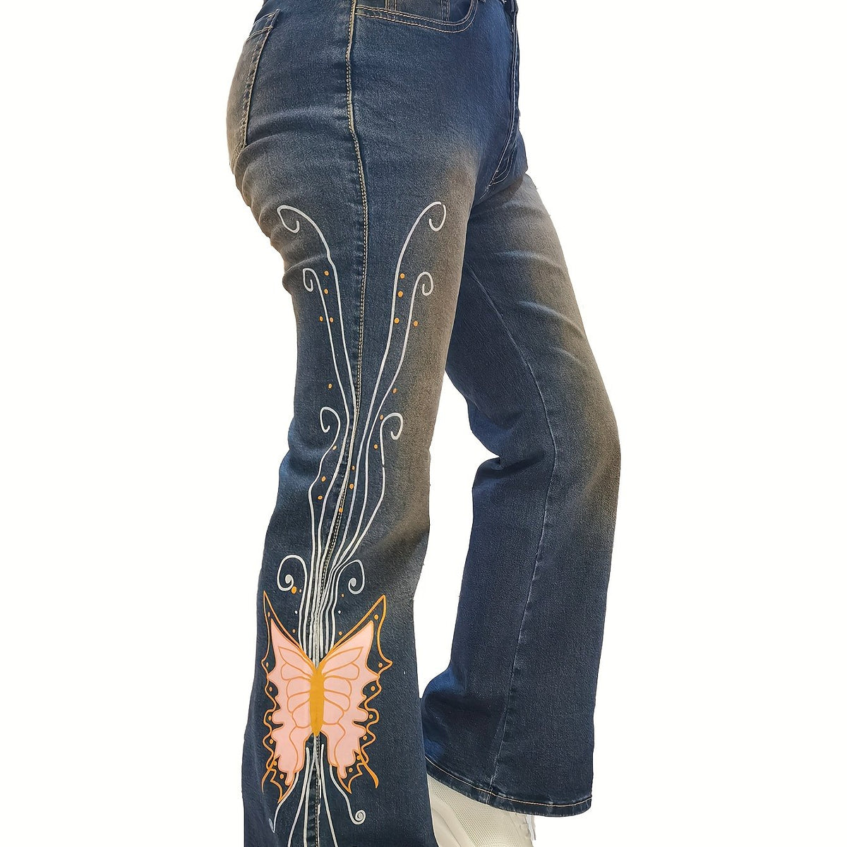  Butterfly Print Flared Leg Jeans With Pockets