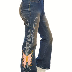  Butterfly Print Flared Leg Jeans With Pockets