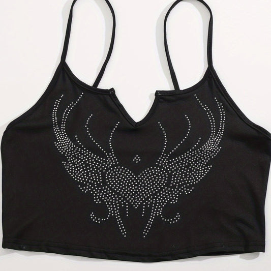 Y2K Rhinestone Heart Cami Top Notched Neck Women's Clothing
