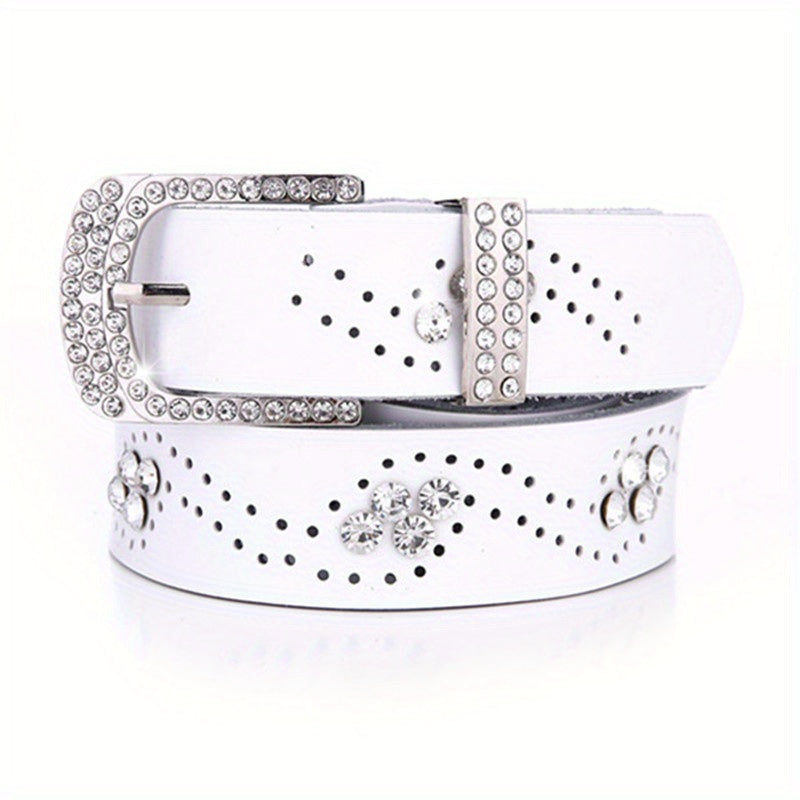 Rhinestone Leather Belt Hollow Design Casual Jeans Belt for Women