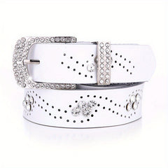 Rhinestone Leather Belt Hollow Design Casual Jeans Belt for Women