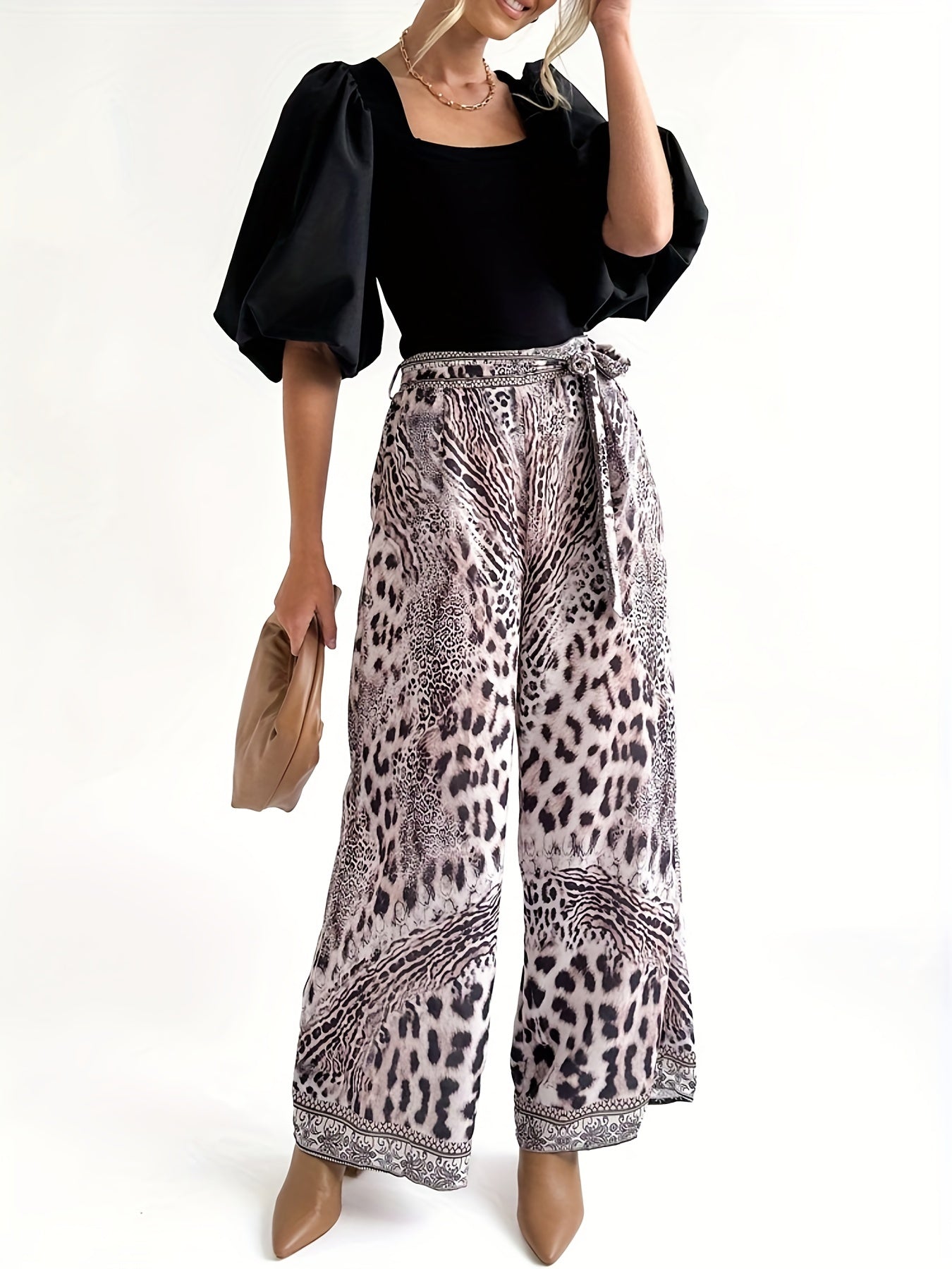  Leopard Print Wide Leg Trousers