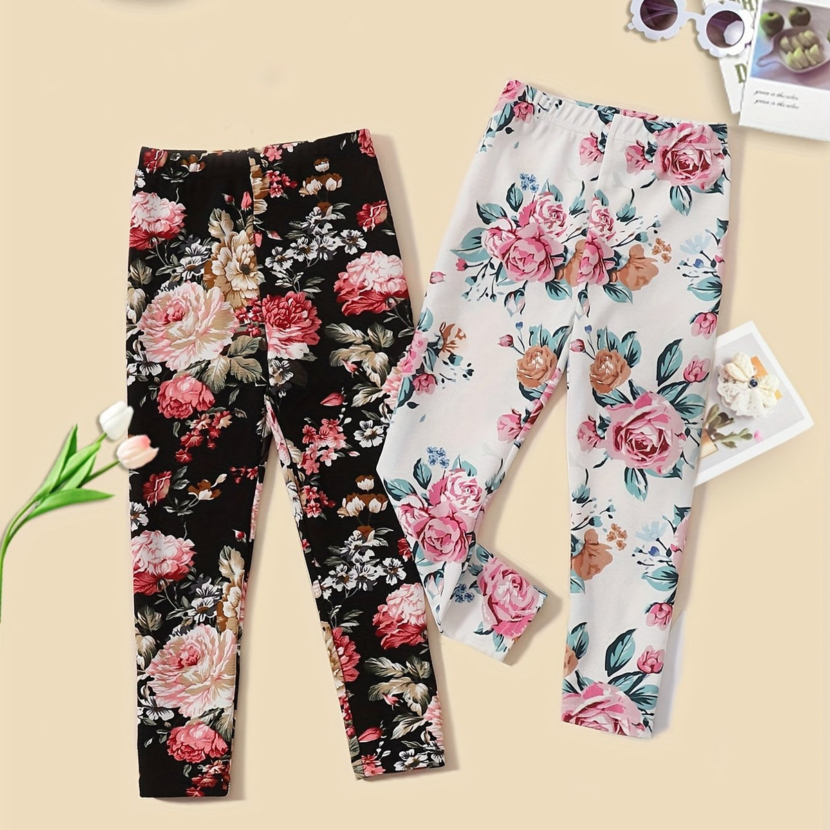 2pcs Girls' Stretchy Legging Pants Set With Floral Print