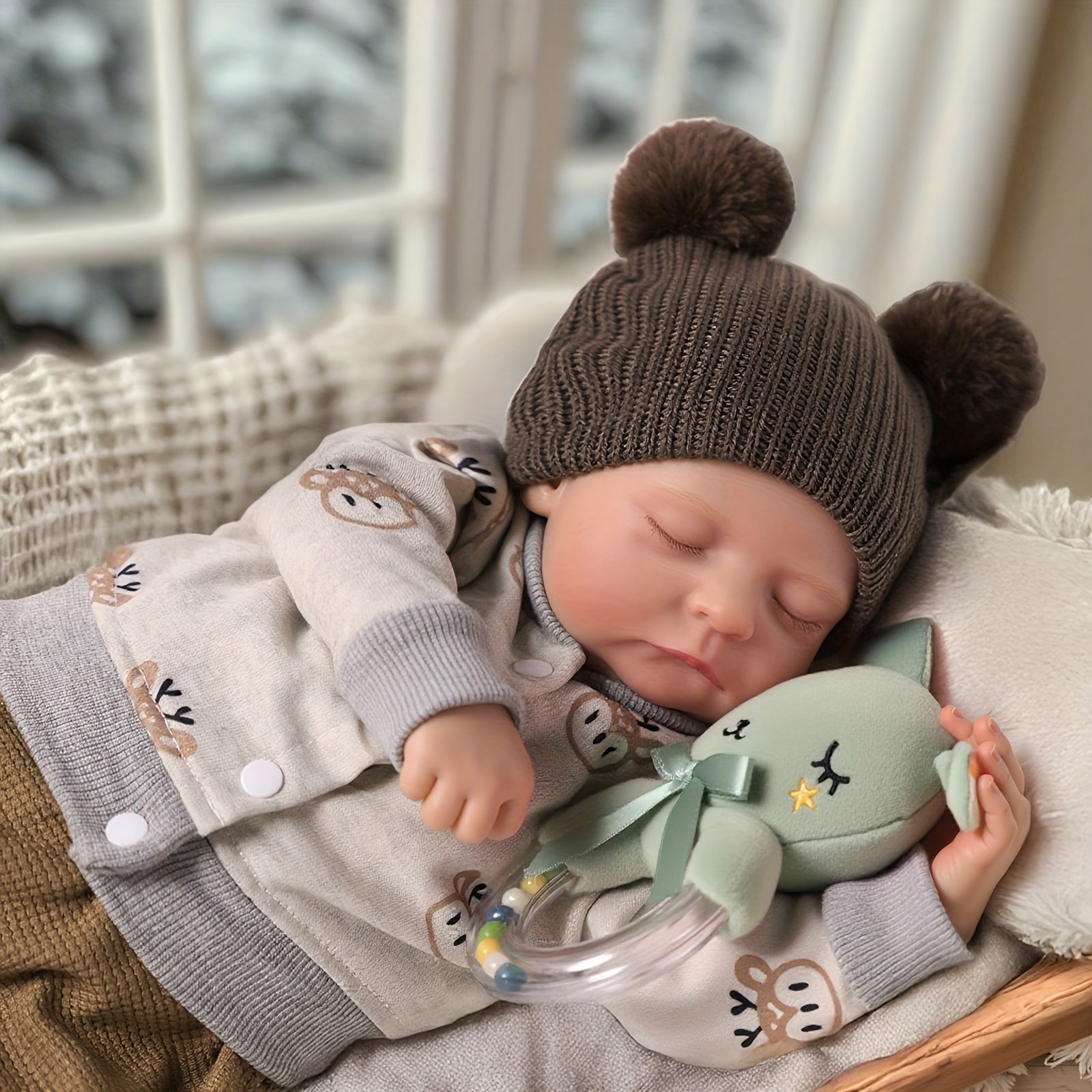 ADFO 20 Inch Reborn Baby Boy Doll with Gray Animal Print Outfit