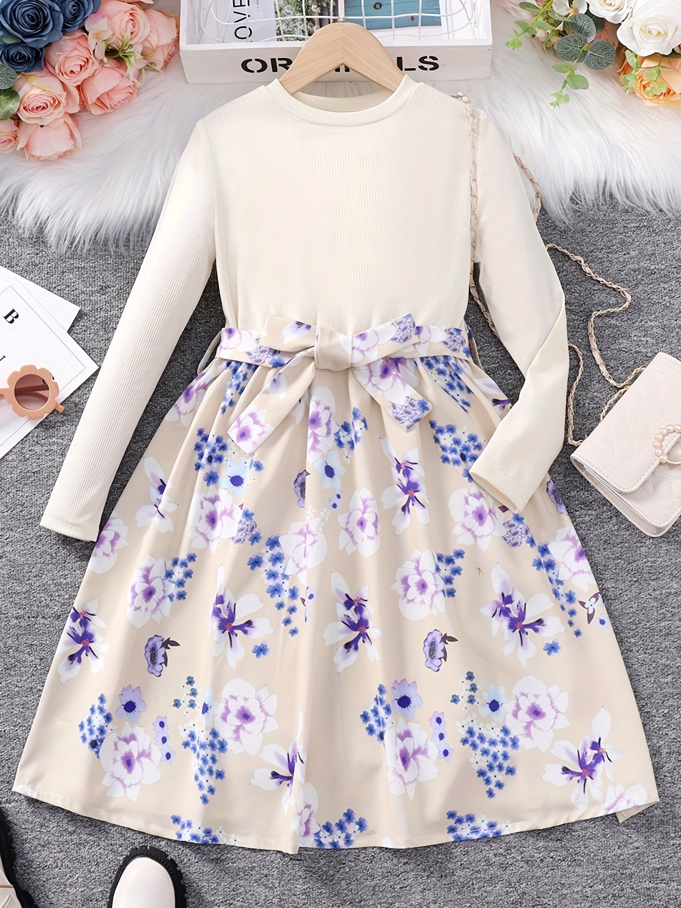 Girls Long Sleeves Flowers Splicing Belted Dress For Party Kids Spring Clothes