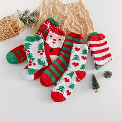 6 Pairs Cartoon Fuzzy Socks Comfy & Warm Christmas Mid Tube Socks