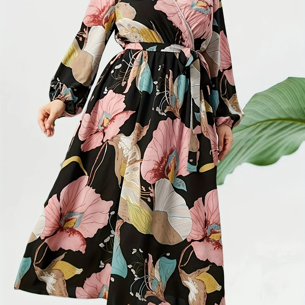 Floral Lantern Sleeve Maxi Dress With Belt